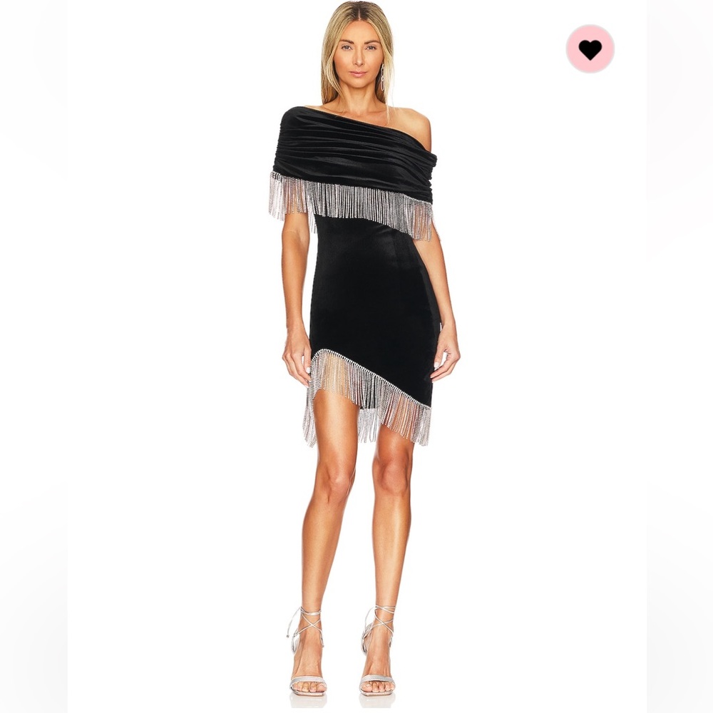 Song of Style Hailey Mini Dress Velvet Off-Shoulder Crystal Fringe Black XS